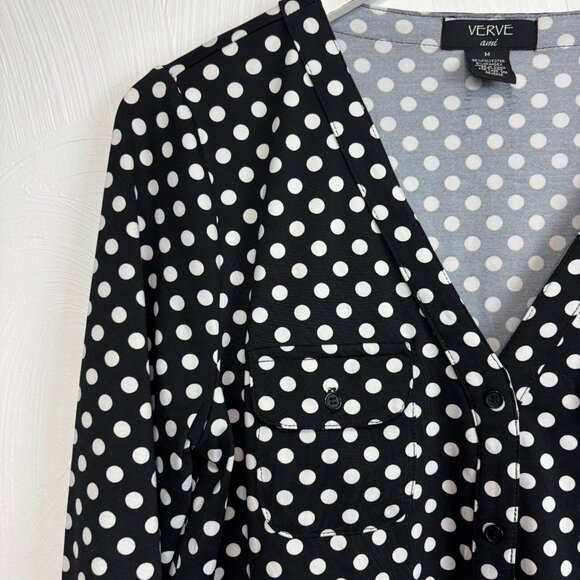 Polka Dot Blouse Verve Ami Button VNeck Lightweight Career Business Black Shirt - Picture 3 of 5